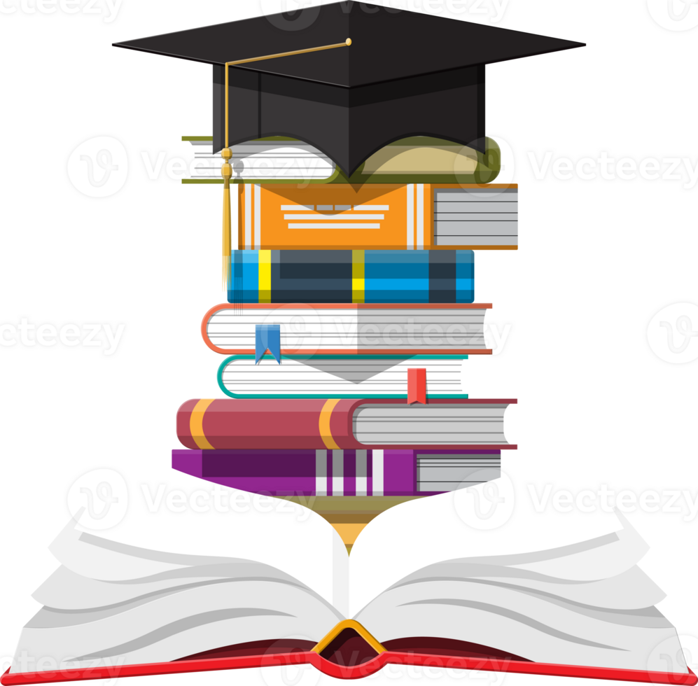 Graduation cap on stack of books png