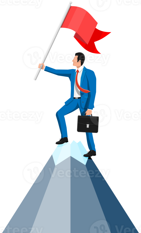 Businessman standing on top of mountain with flag. png
