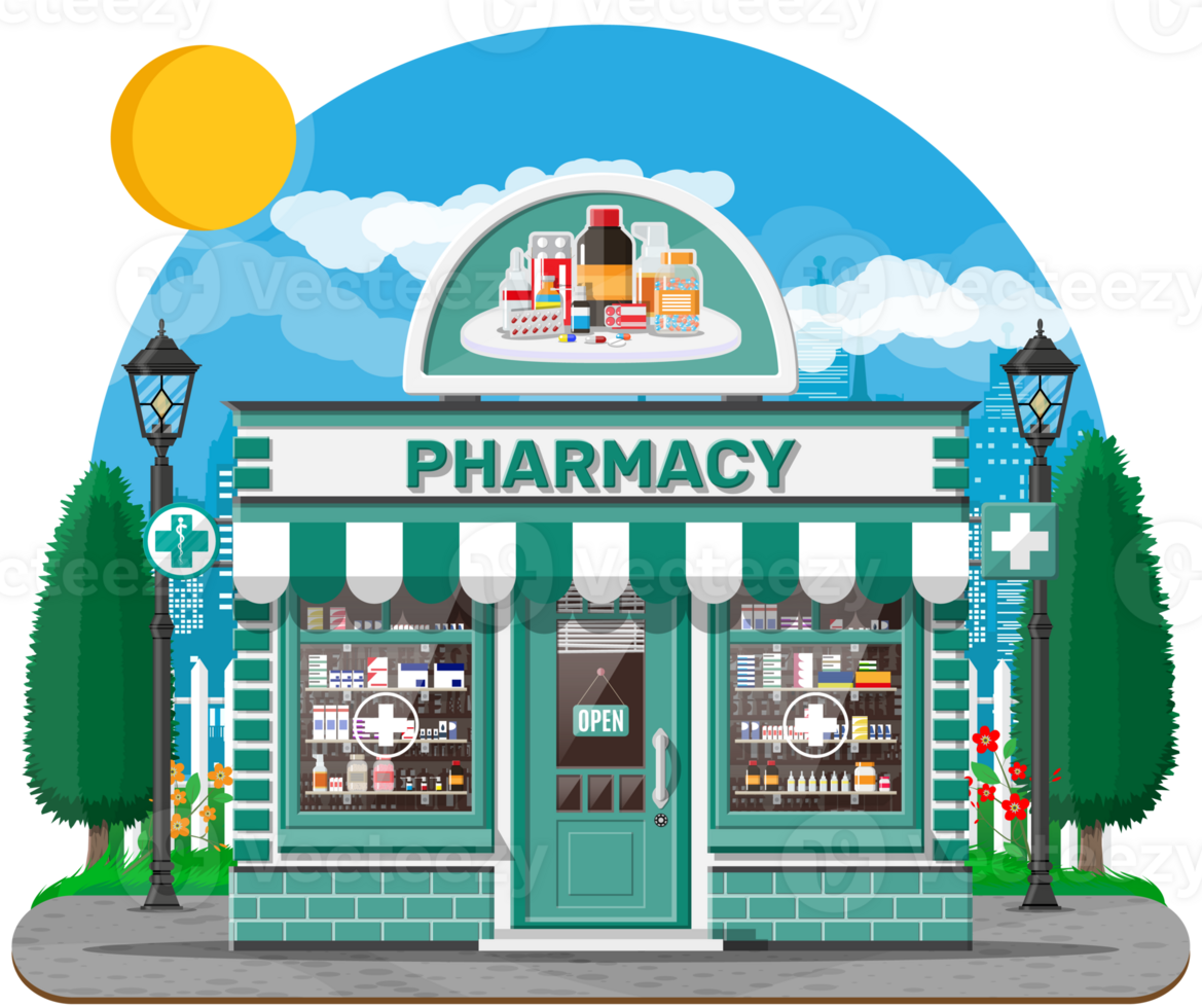 Facade pharmacy or drugstore with signboard png