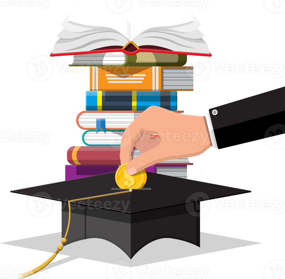 Graduation cap, book and gold coin png