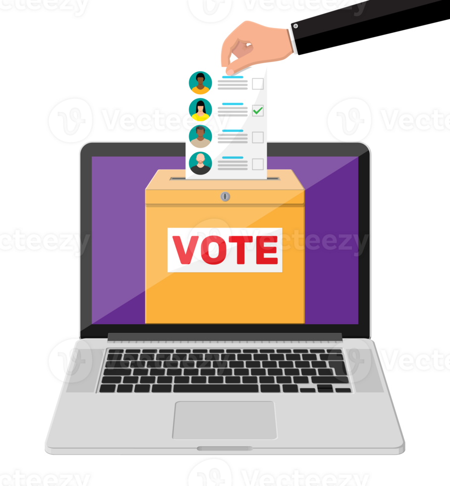 Ballot box, document with candidates on laptop png