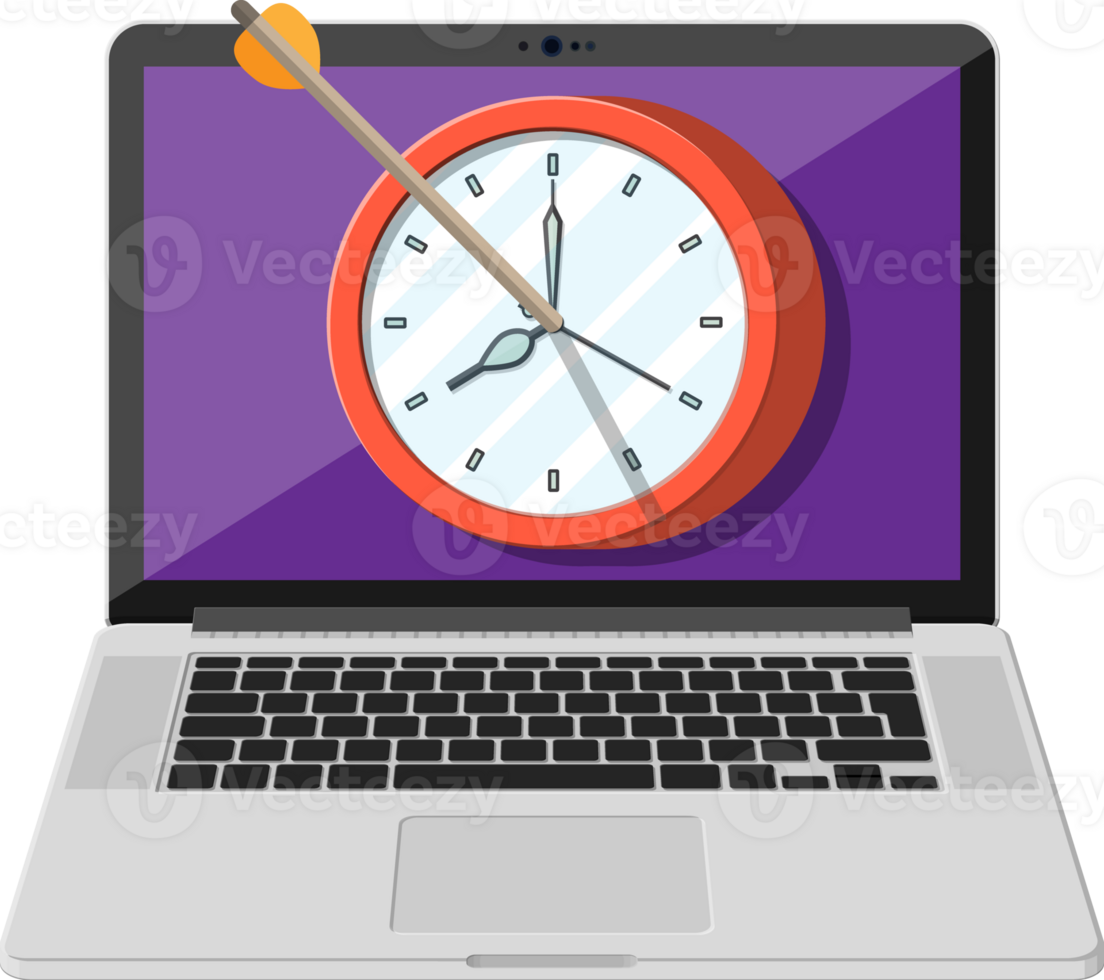 Target with bow arrow and clock on laptop screen. png