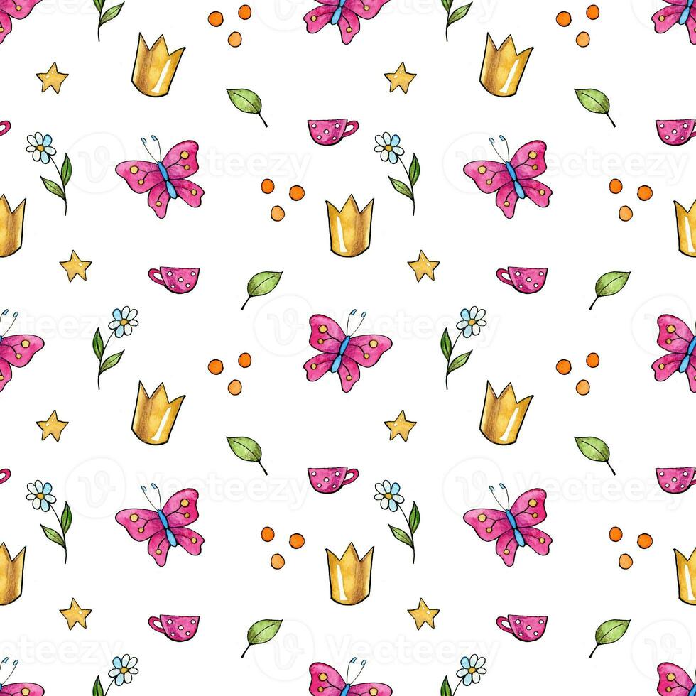 Seamless abstract pattern with crowns, butterflies, flowers and stars. Creative childish pattern. Great for fabric, textile Illustration photo