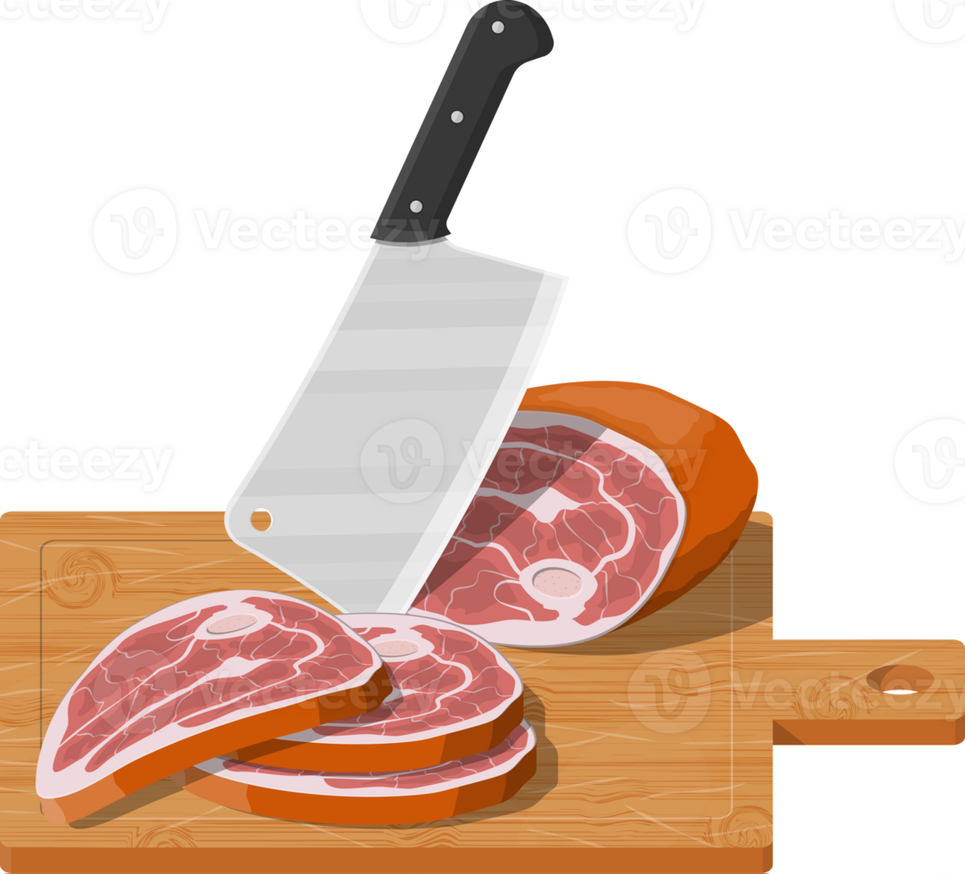 Cutting board, butcher cleaver and piace of meat. png