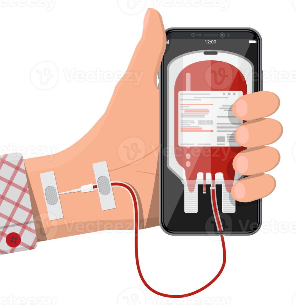 Hand connected to smart phone with blood bag png