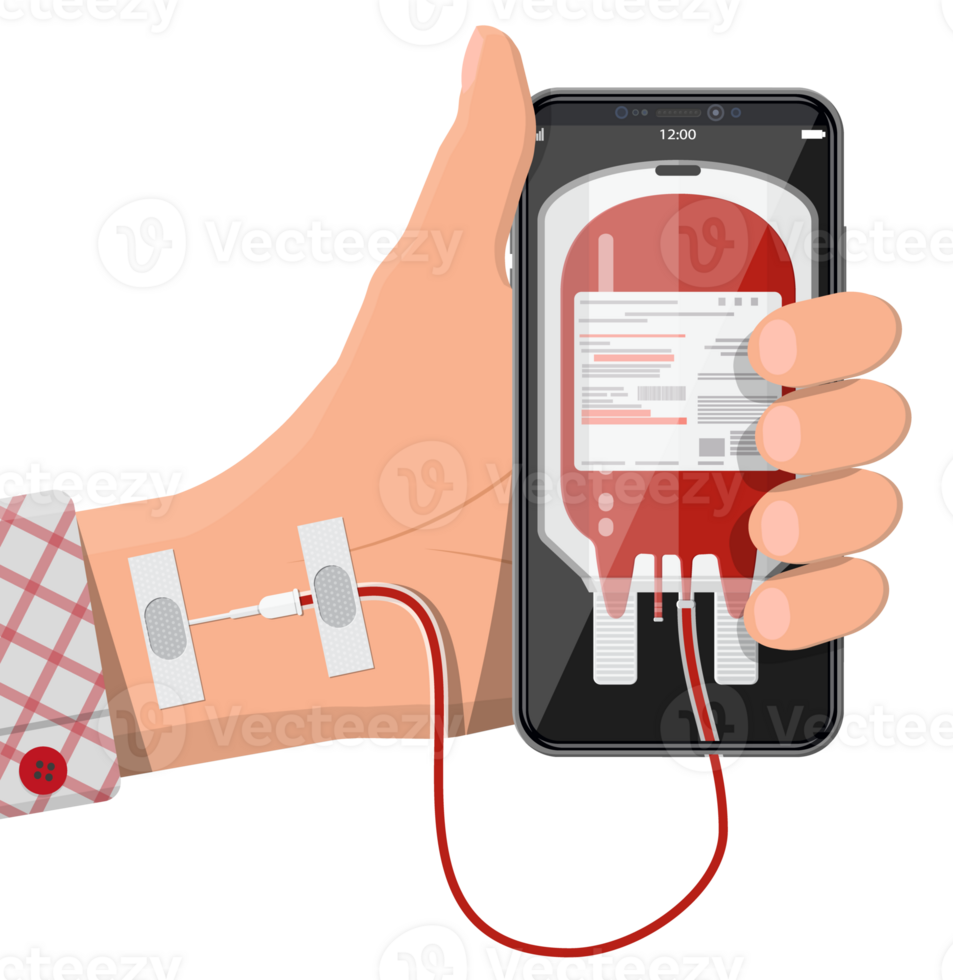 Hand connected to smart phone with blood bag 35773381 PNG
