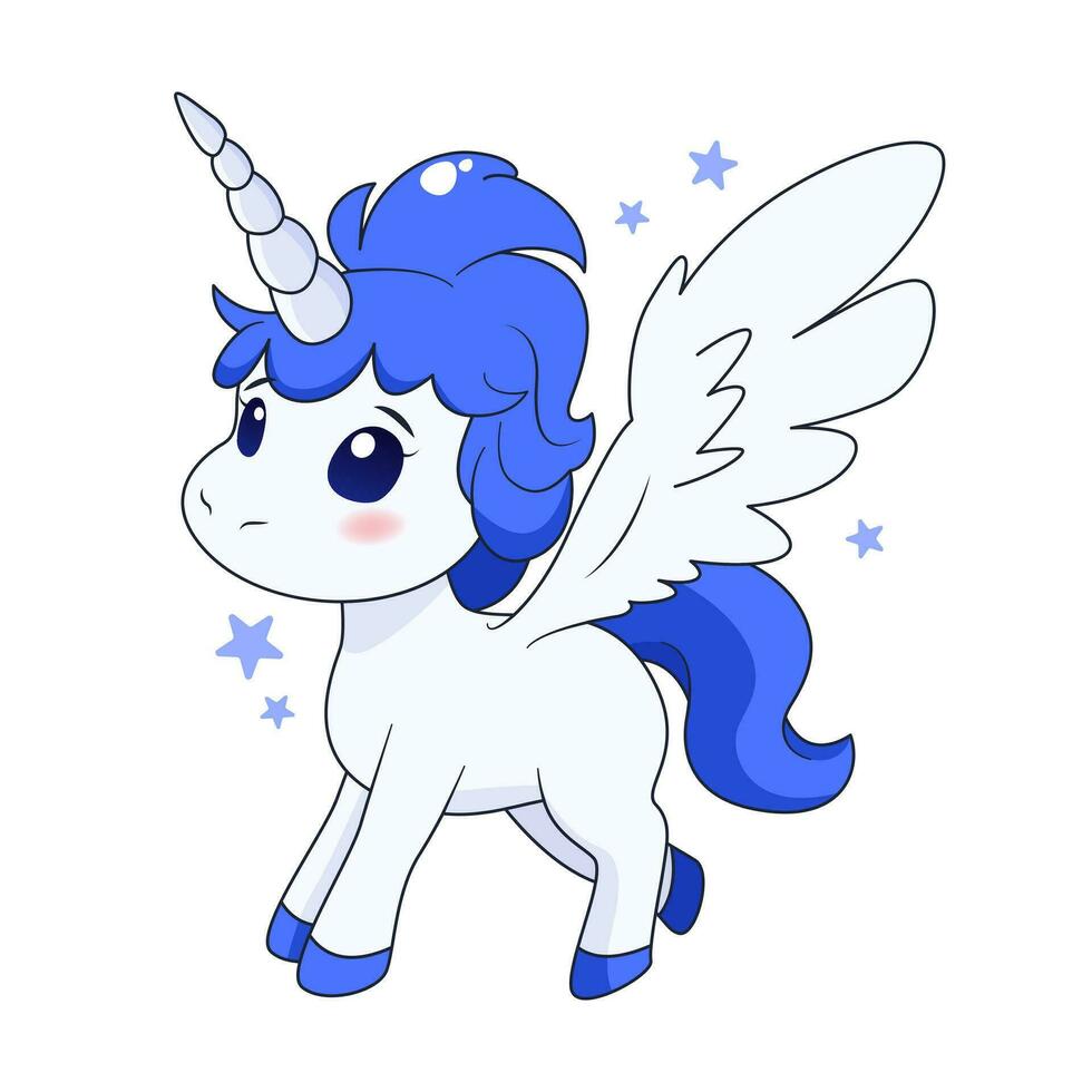 linda dibujos animados unicornio con alas, estrellas y bocina. aislado vector ilustración con magia animal en blanco antecedentes. plano Arte para imprimir, carteles, cubre y etc.