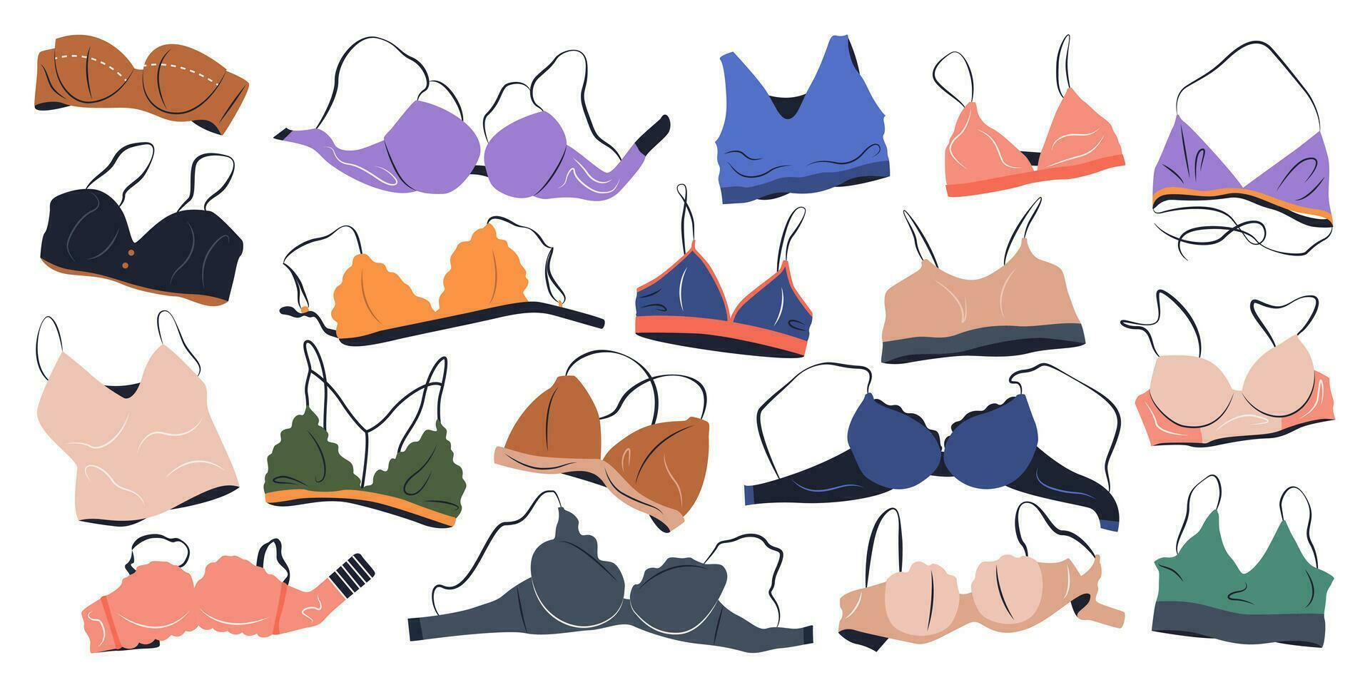 Set of bra, underwear for women. Fashion collection with various underclothing. isolated hand drawn cartoon vector illustrations with lingerie.