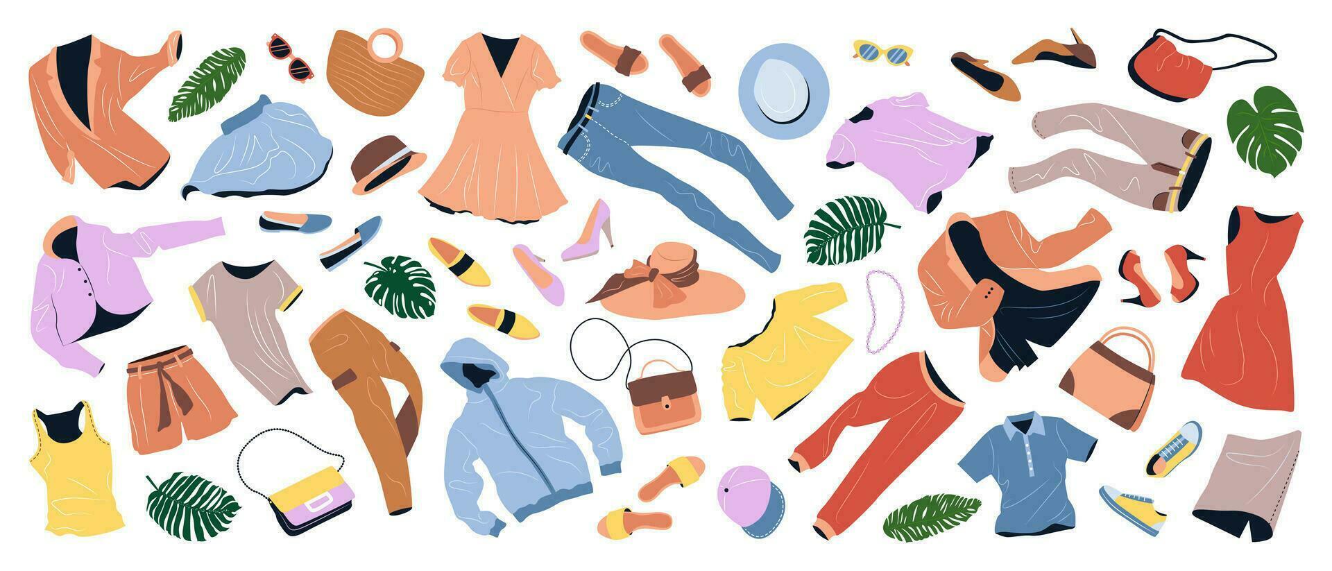Set of fashion clothes for women. Casual garments and accessories for spring and summer. Jacket, bags, shoes, trousers, shorts, hats flying. Flat vector illustrations isolated on white background.