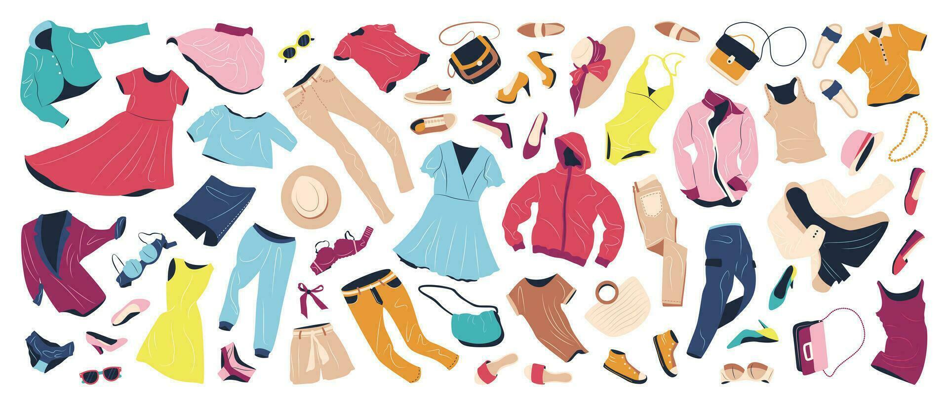 Set of fashion clothes for women. Casual garments and accessories for spring and summer. Jacket, bags, shoes, trousers, dress, hats flying. Flat vector illustrations isolated on white background.