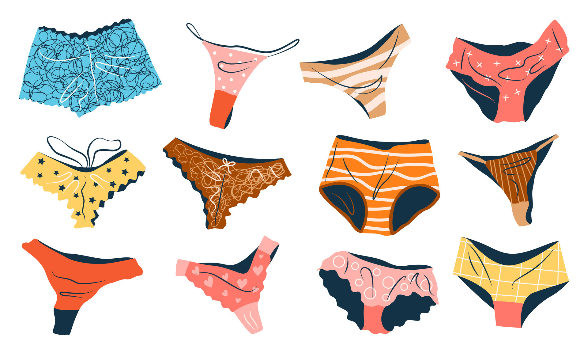 Various Types Of Women Panties, Back And Front View. Underwear Vector Set.  String, Thong, Tanga, Bikini, Cheeky, Hipster, Boyshorts. Hosiery Elements. Girl  Lingerie Icon Set. Royalty Free SVG, Cliparts, Vectors, and Stock