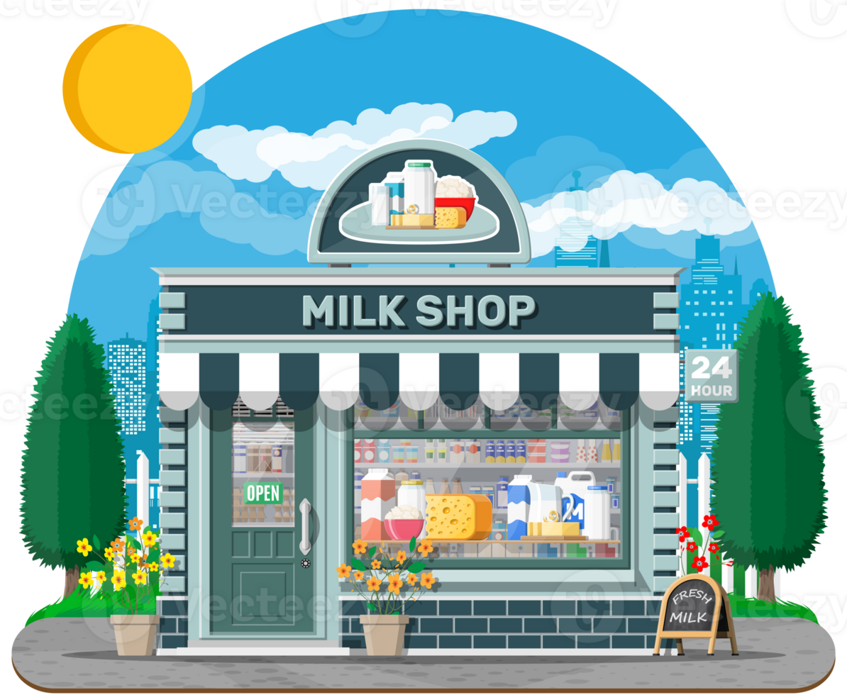 Dairy store or milk shop with signboard, awning. png