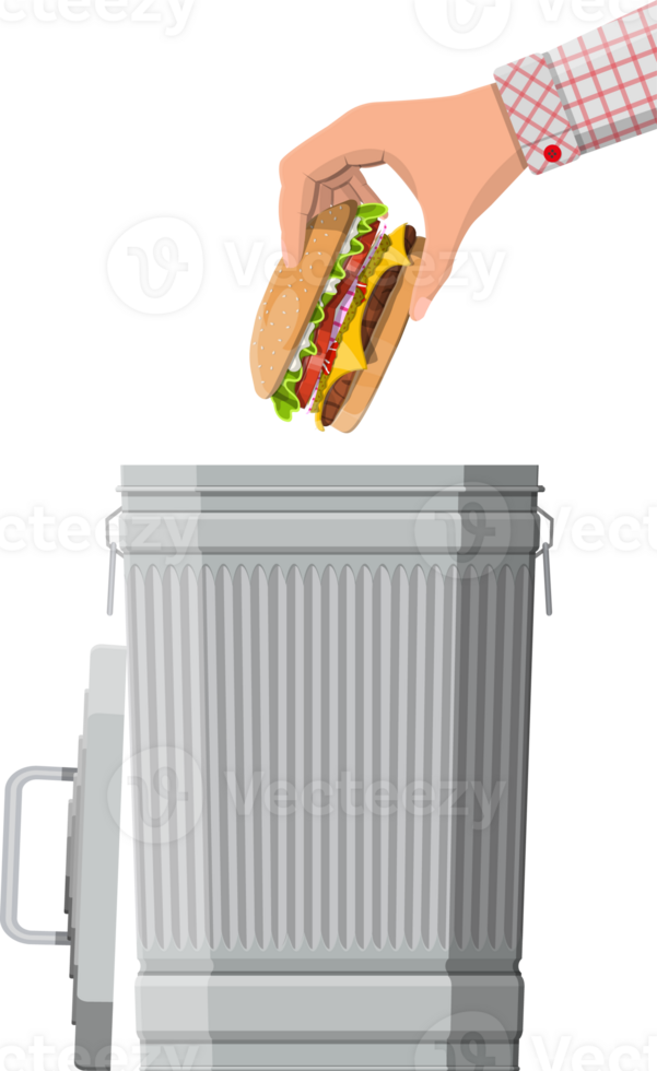 Hand throwing away burger to trash bin png