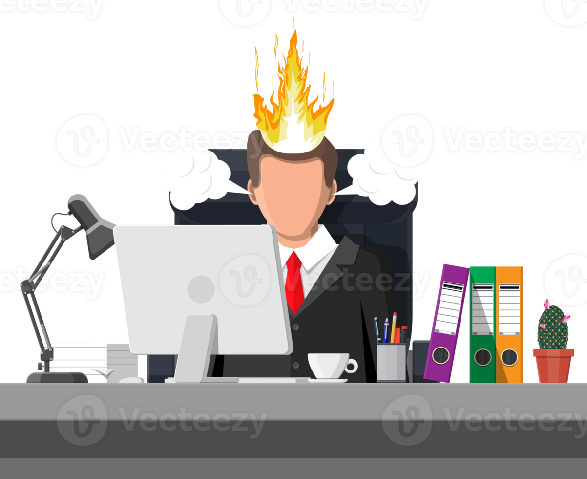 Stressed businessman on workplace tired to work png