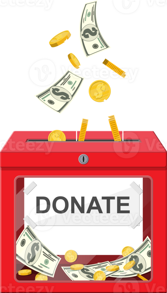 Donation box with golden coins, dollar banknotes png