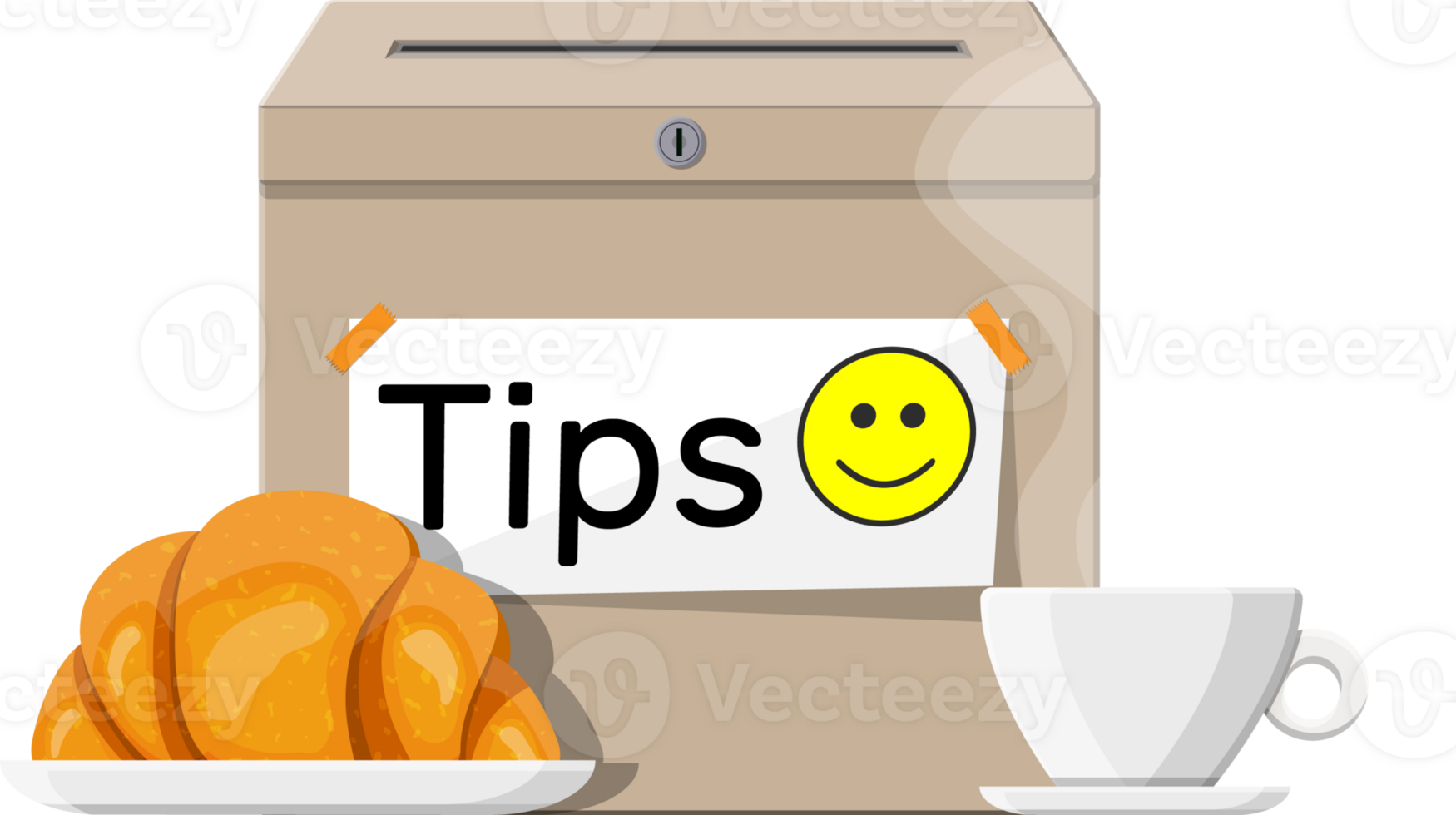 Tip box full of cash, cup of coffee with croissant png