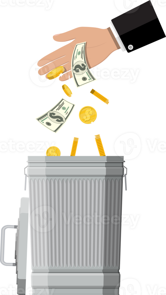 Businessman hand putting dollar bills in trash 35773571 PNG