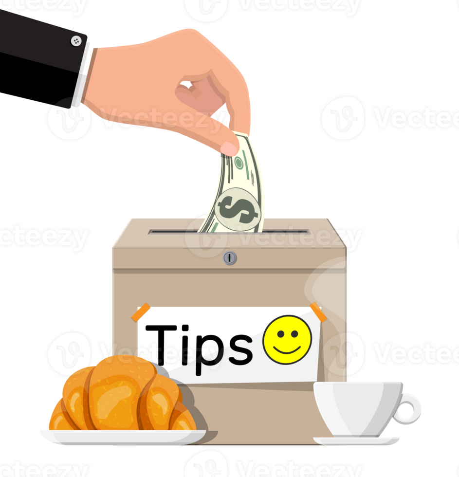 Tip box full of cash, cup of coffee with croissant png