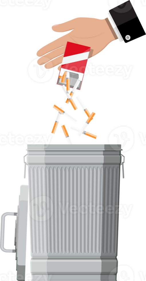 Hand putting cigarettes package in trash bin png