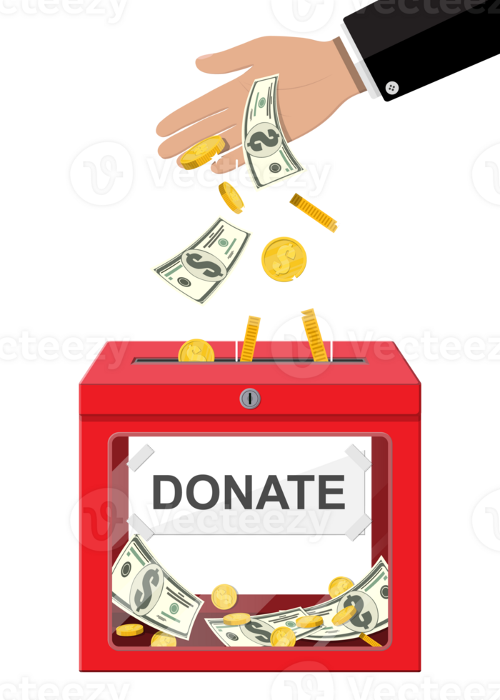 Donation box with golden coins, dollar banknotes png