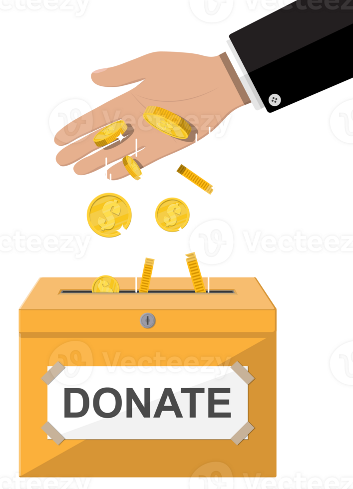 Donation box with golden coins. png