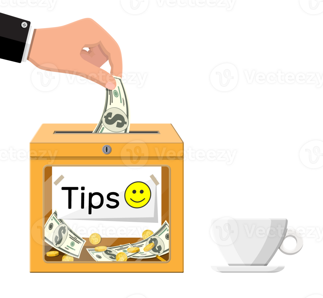 Orange tip box full of cash and cup of coffee. png