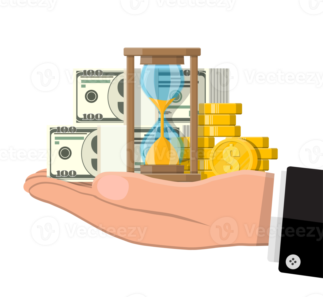 Money with hourglass clock in hand. png