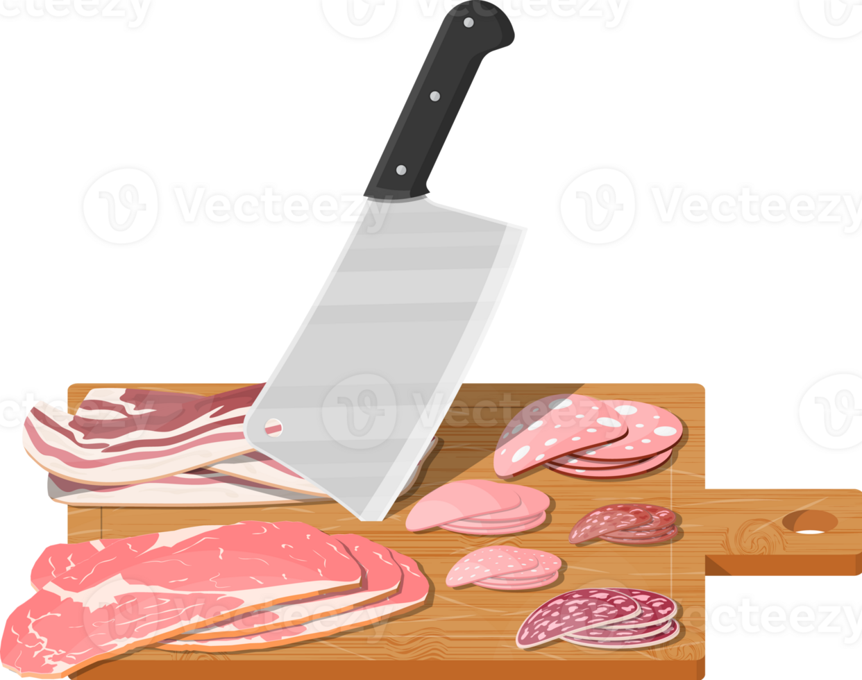 Cutting board, butcher cleaver and piace of meat. png