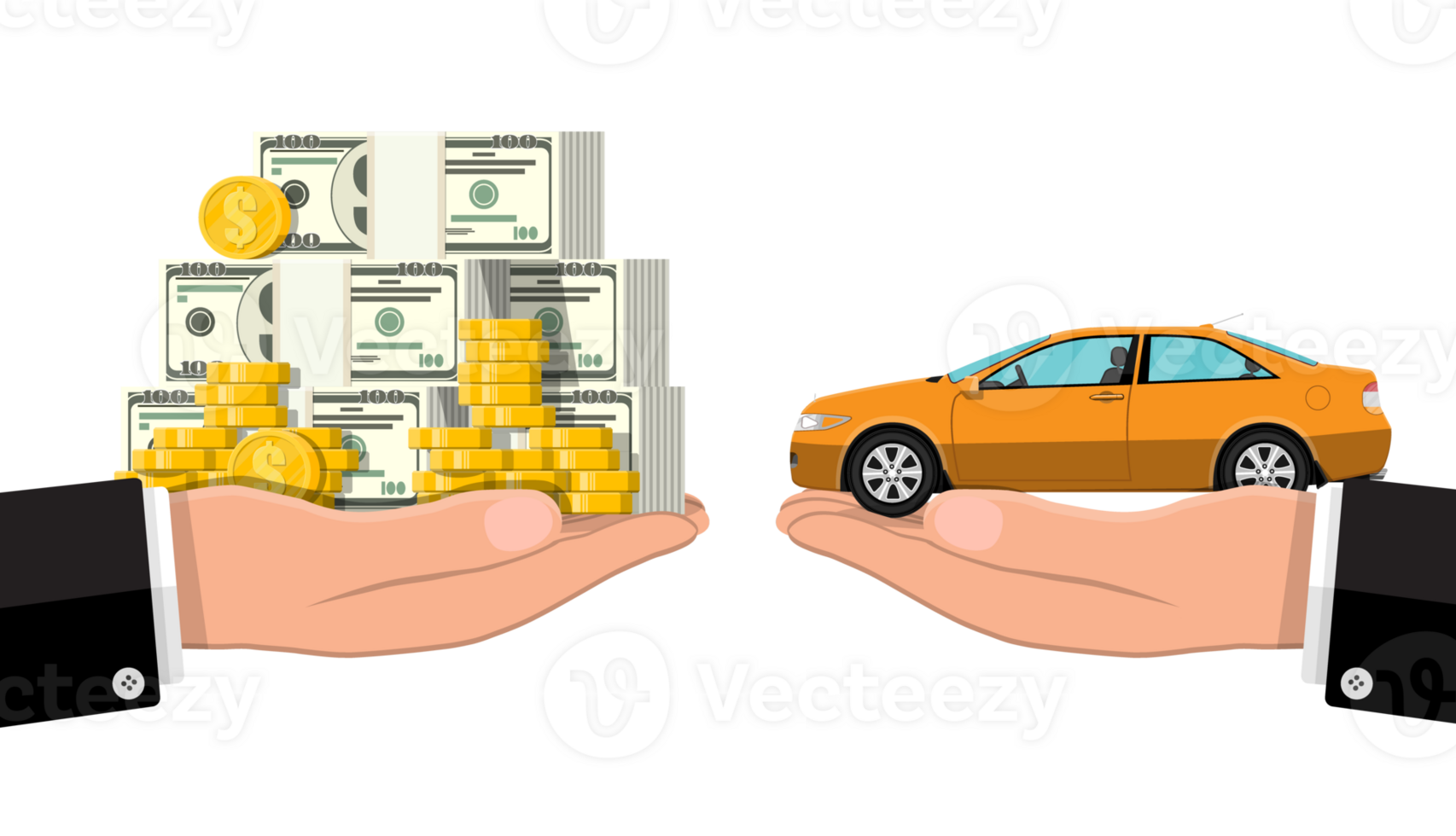 Hand scales with money and car. png