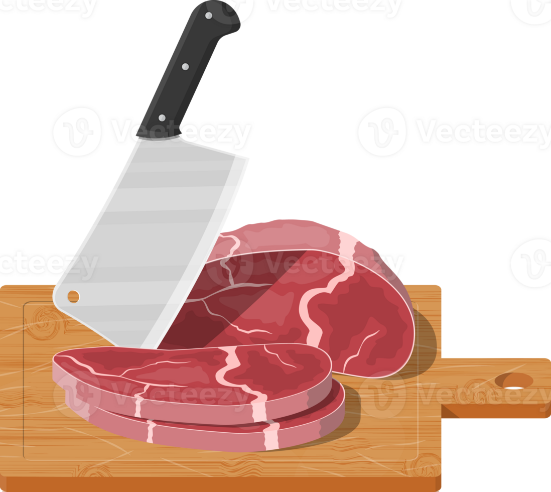 Cutting board, butcher cleaver and piace of meat. png