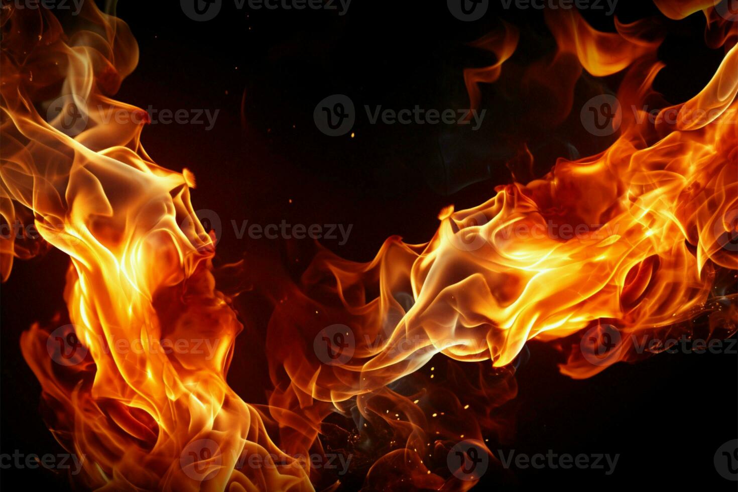 AI generated Dynamic inferno Closeup of fire flames on black background photo