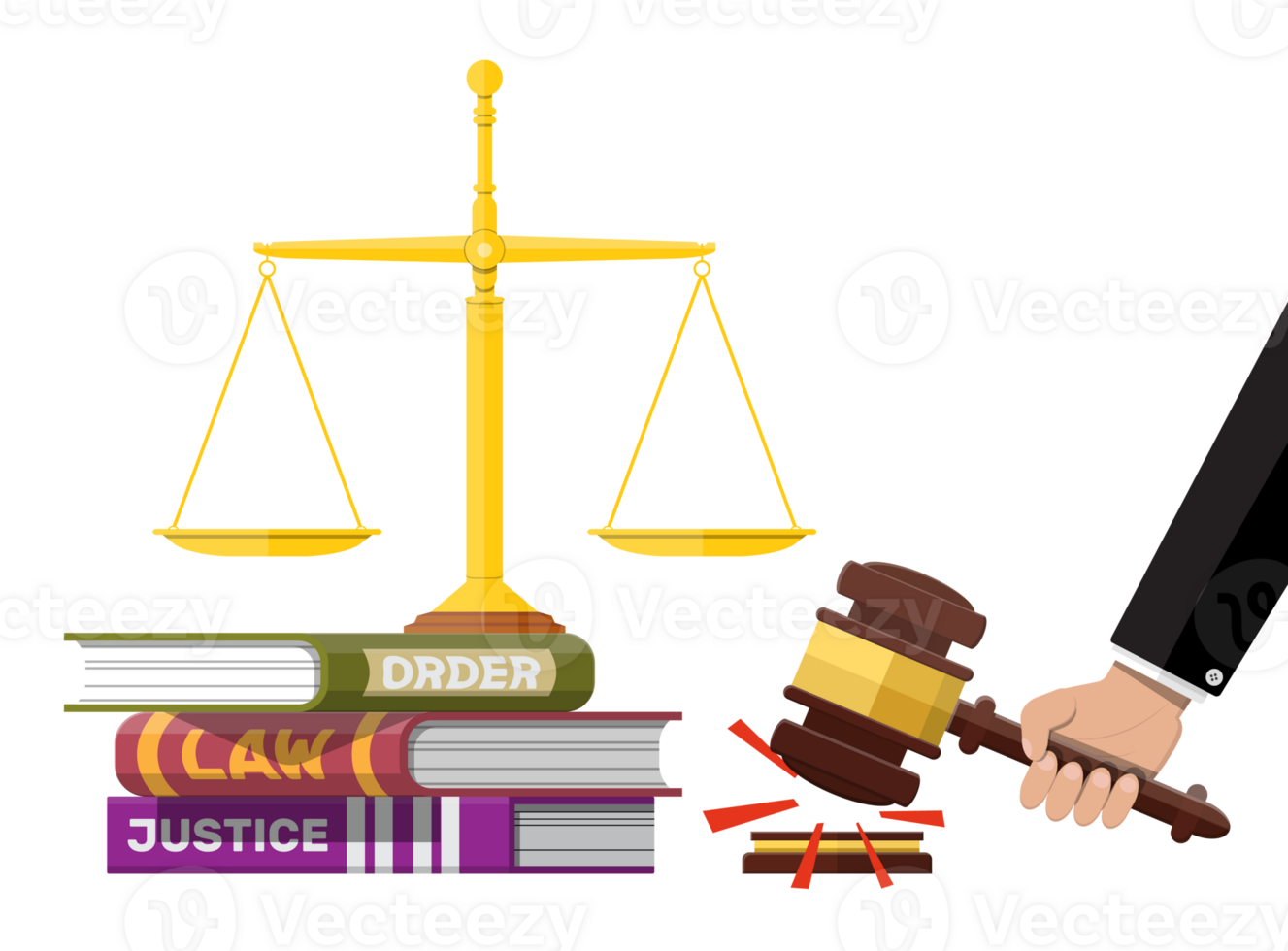 Judge wooden gavel with law book and golden scales. png