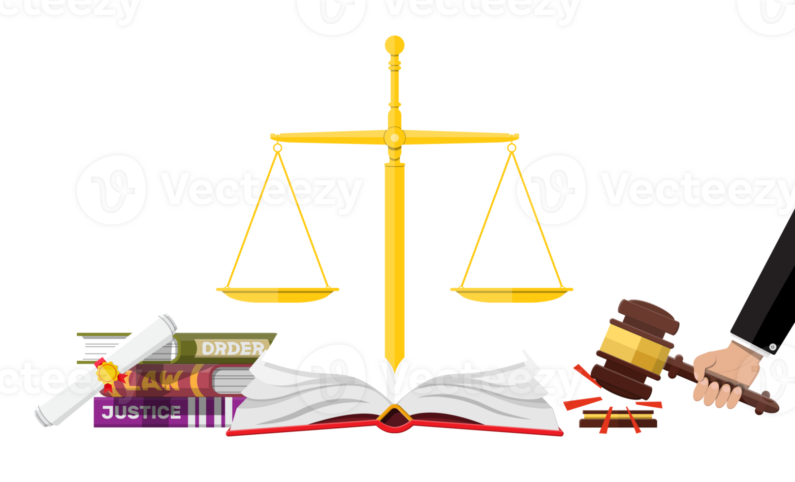 Judge wooden gavel with law book and golden scales. png
