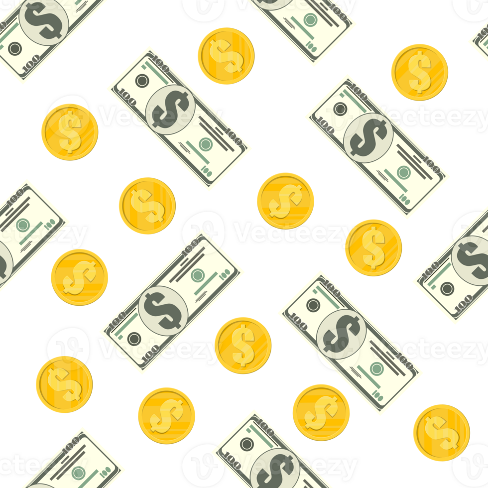 Pattern of dollar banknotes and golden coins png