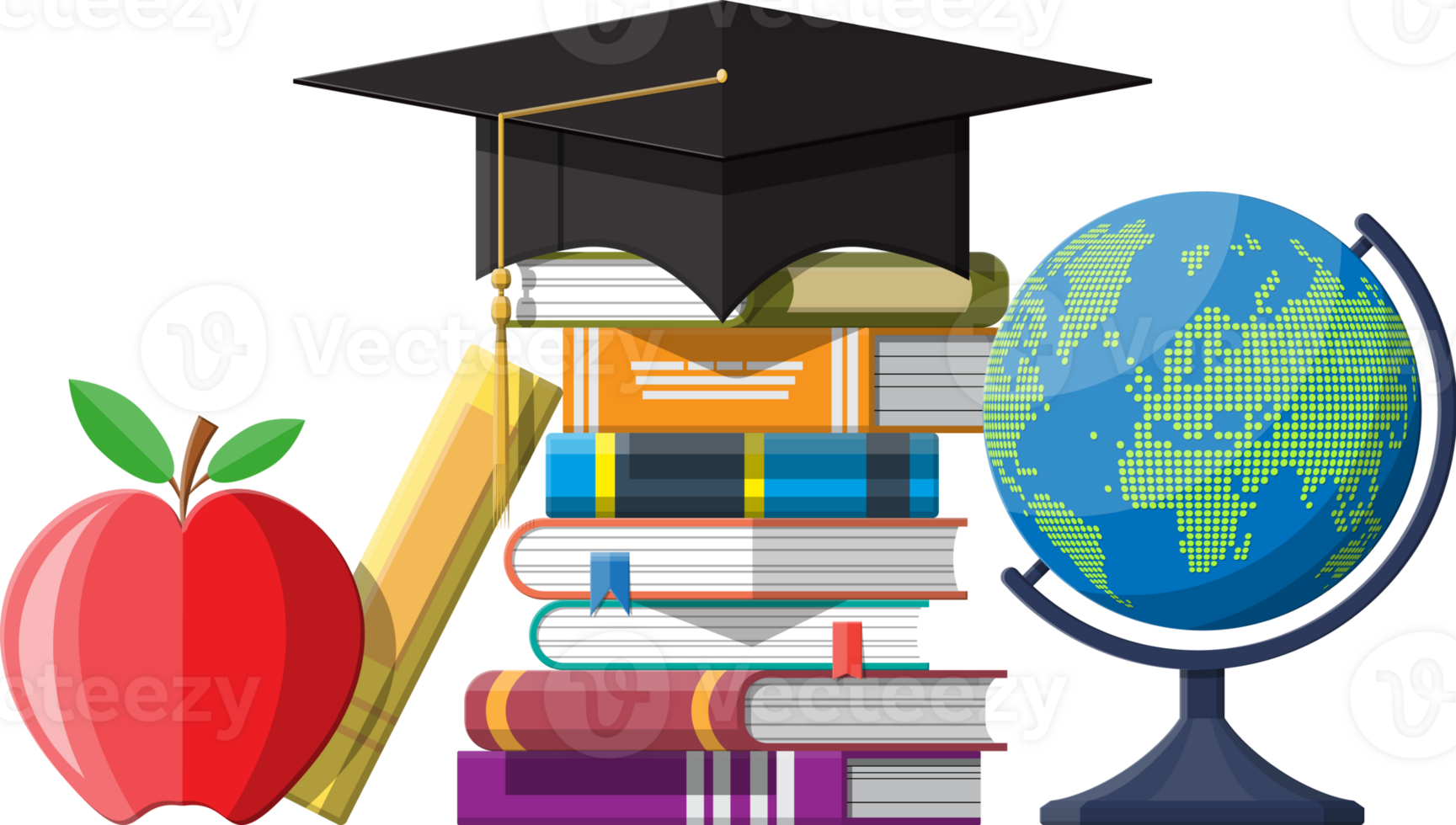 Graduation cap on stuck of books, globe and apple. png