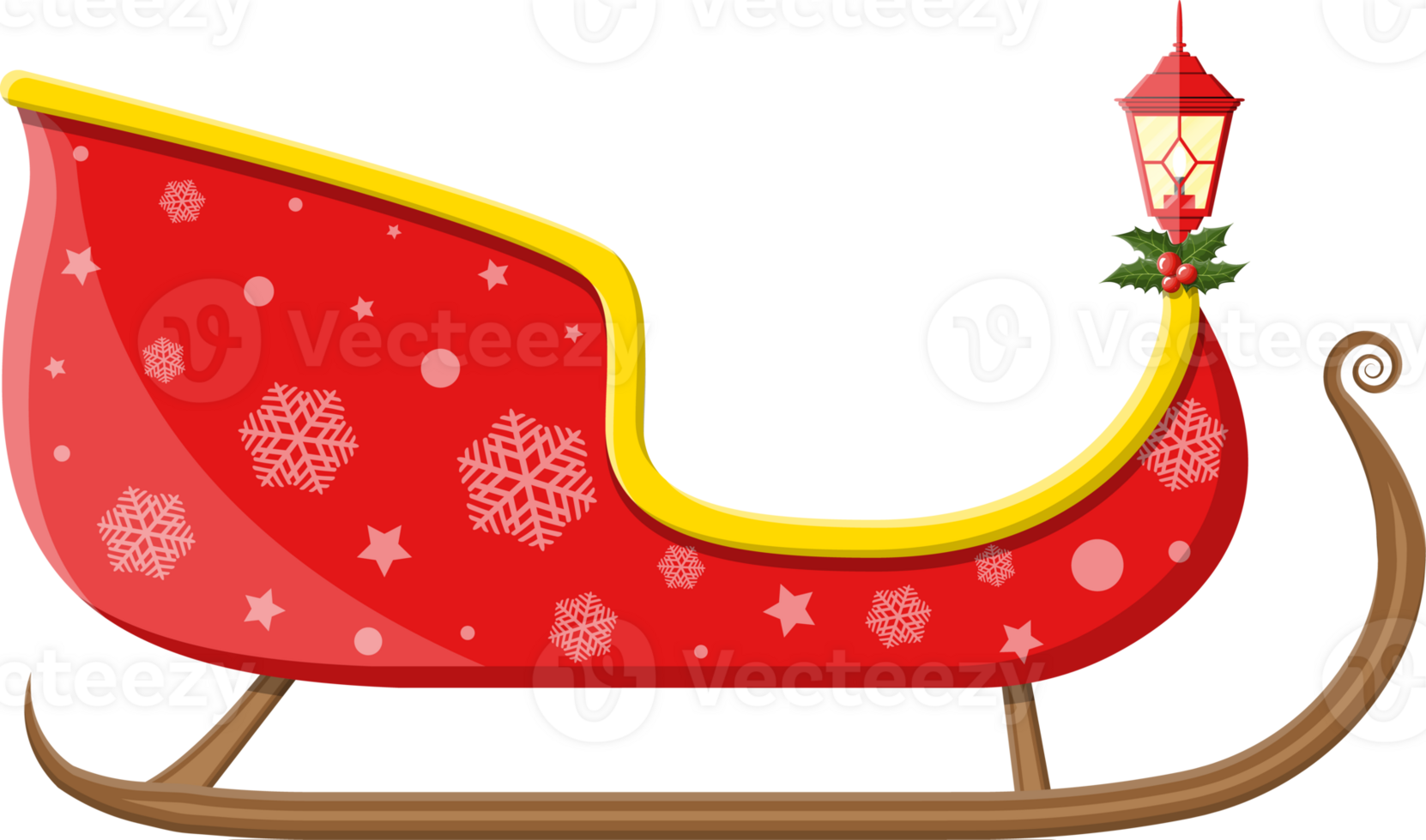 Empty santa sleigh with snowflakes, holly and lamp png