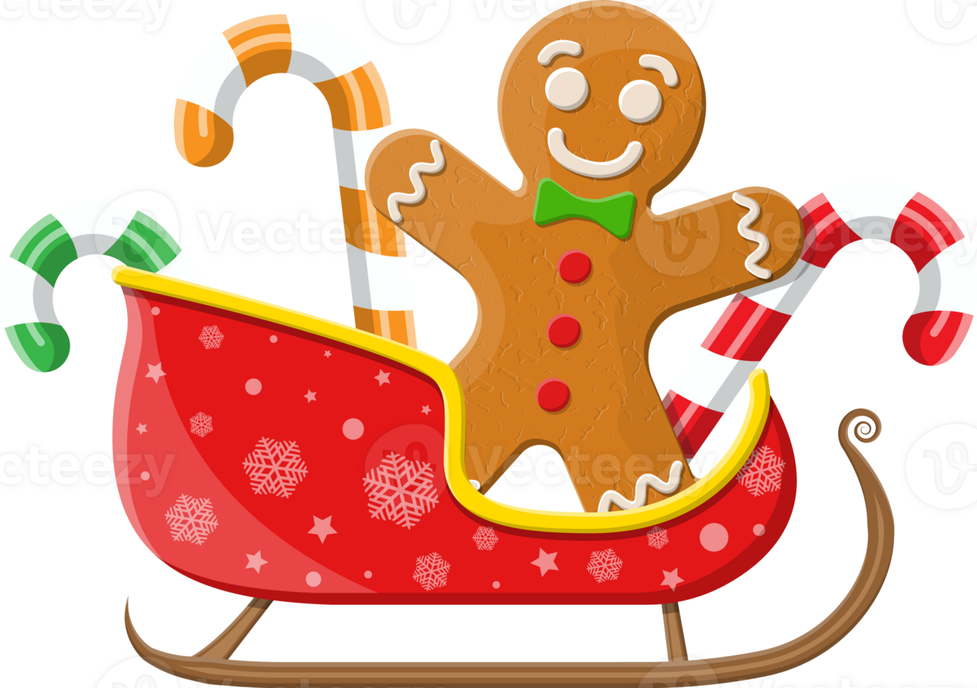 Gingerbread man cookie candycane in santa sleigh png