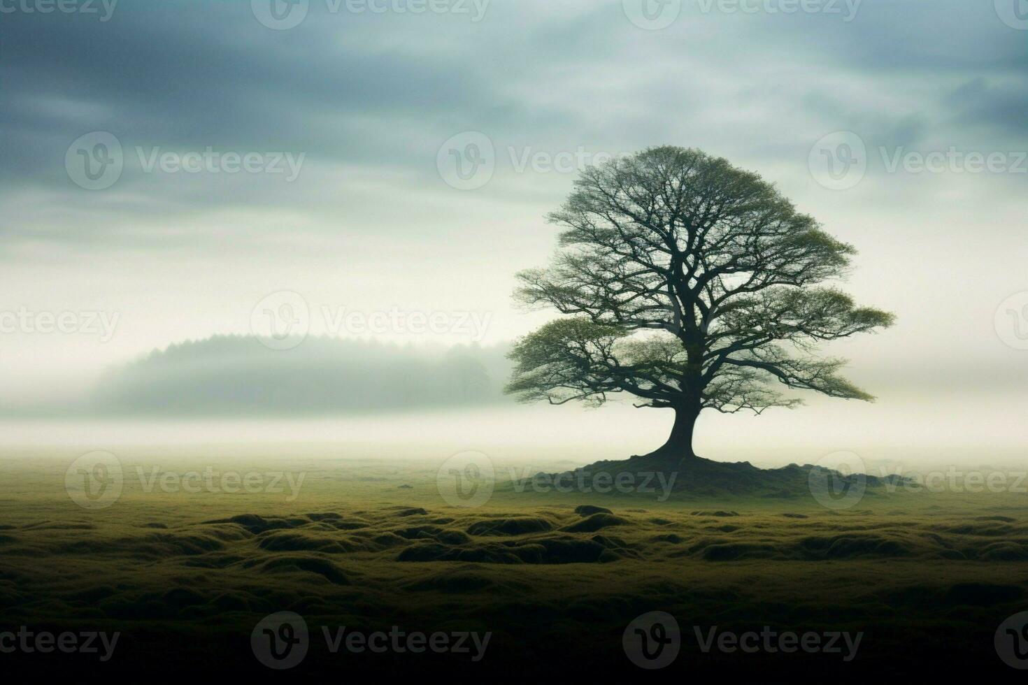 AI generated Solitary tree emerges from mist, a majestic figure in open field photo