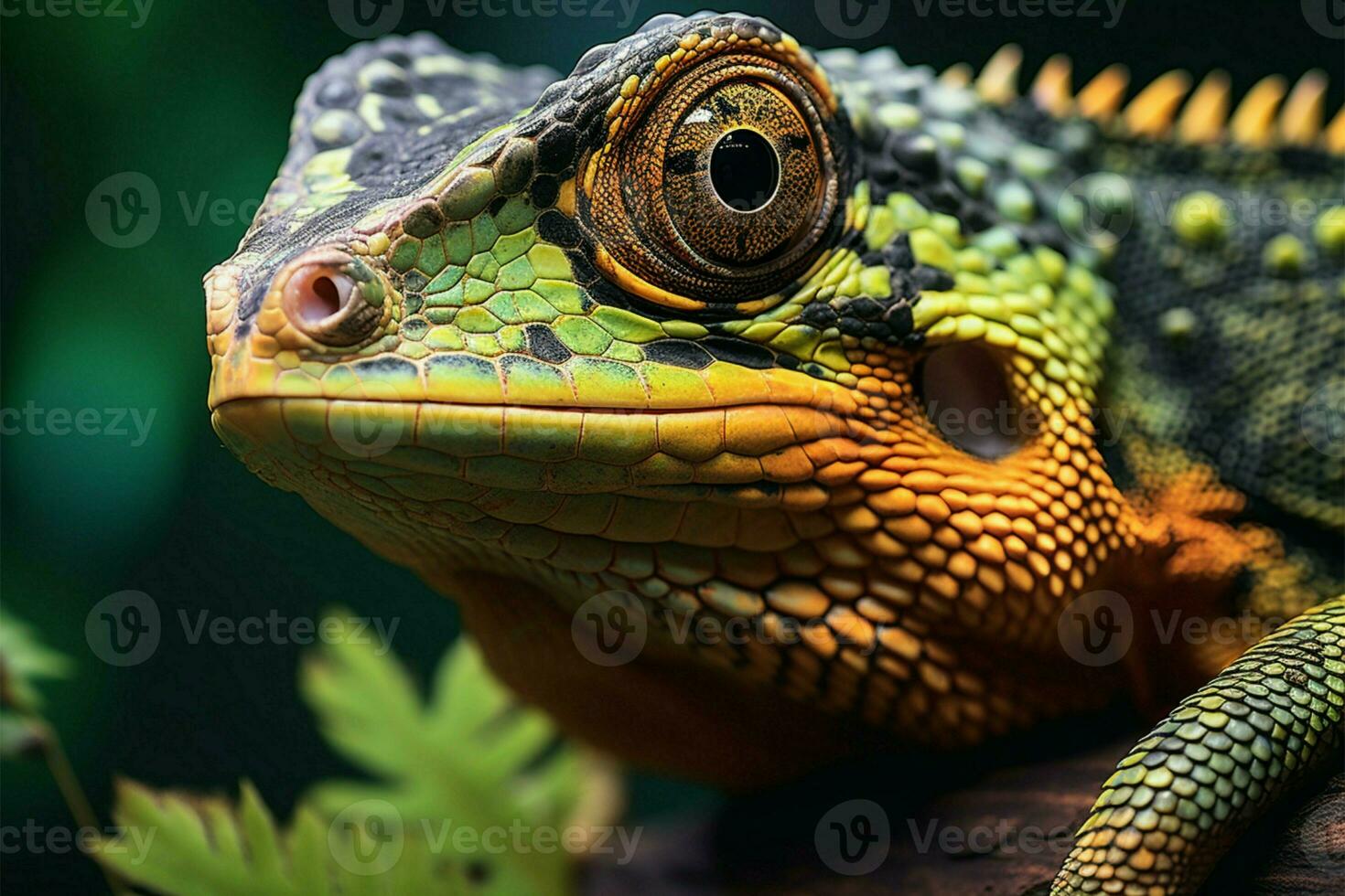 AI generated Wildlife detail Reptile close up on tree branch, stunning background photo