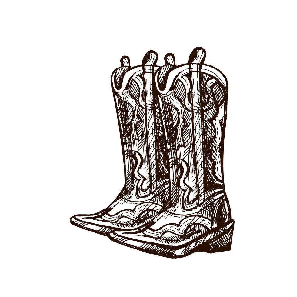 Hand-drawn sketch of leather boots. Vintage drawing of Latin American national shoes. Vector black ink outline illustration. Mexican culture. Latin America.