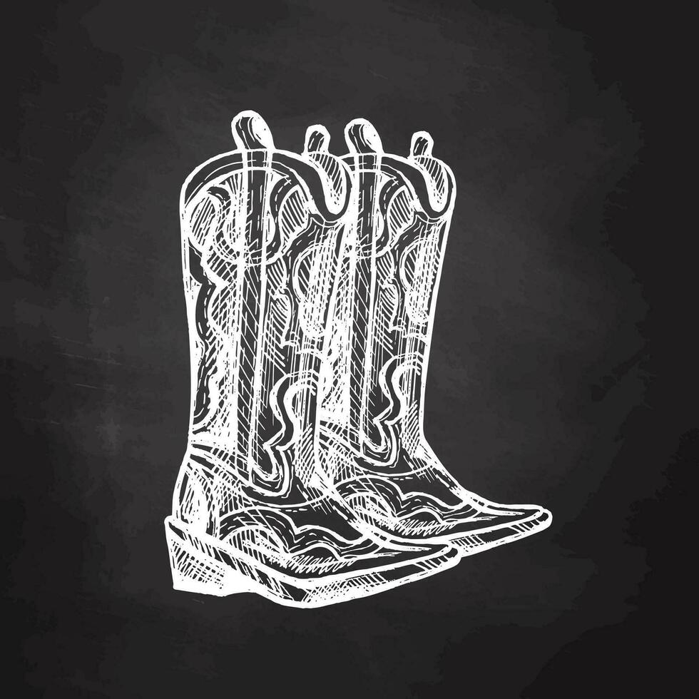 Hand-drawn sketch of leather boots on chalkboard background. Vintage drawing of Latin American national shoes. Vector black ink outline illustration. Mexican culture. Latin America.