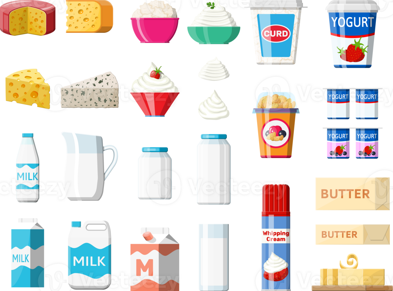 Milk Products Set With Cheese Cottage And Butter 35774052 PNG vecteur-stock-set-of-milk-products-as-milk-in-bottle-curd-yogurt