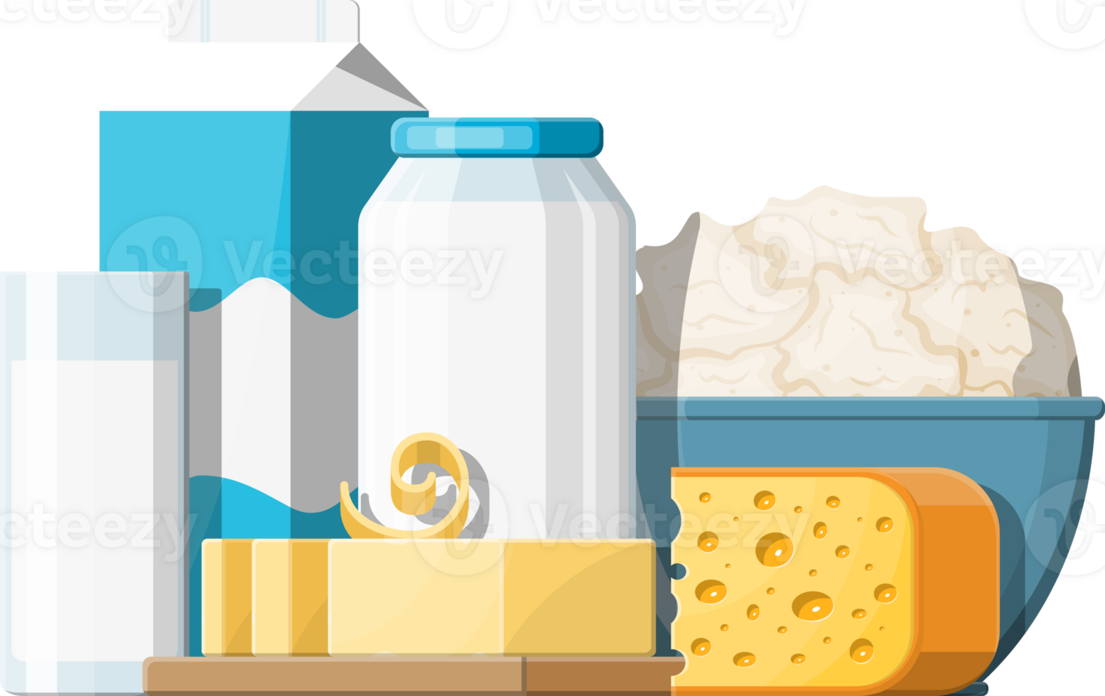 Milk products set with cheese, cottage and butter png