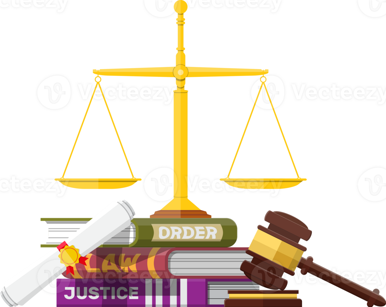Judge wooden gavel with law book and golden scales. png