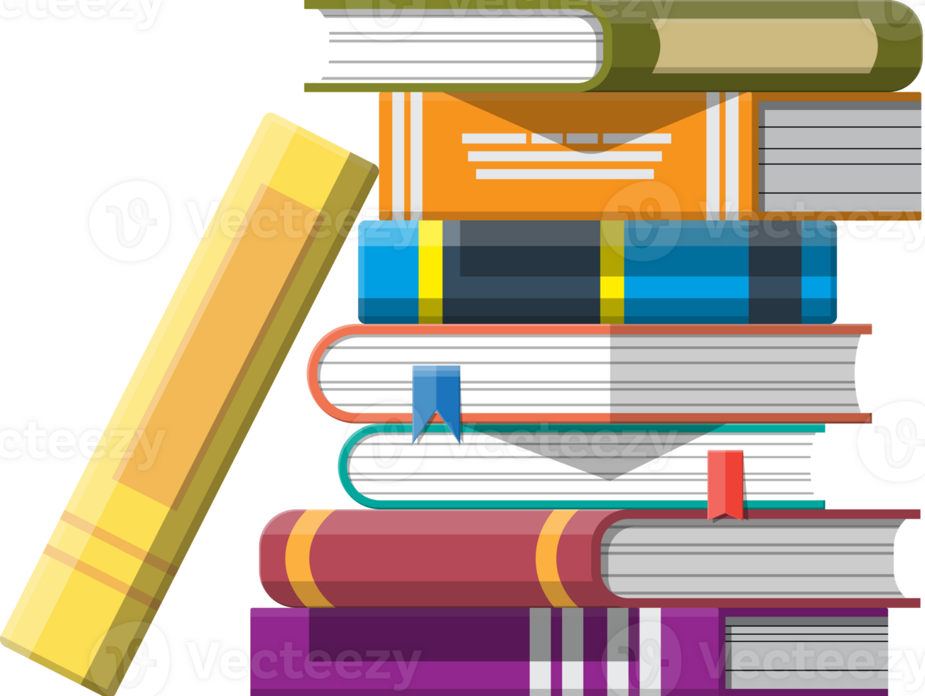 Stack of books with bookmarks png