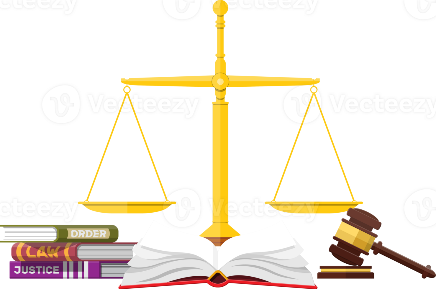 Judge wooden gavel with law book and golden scales. png