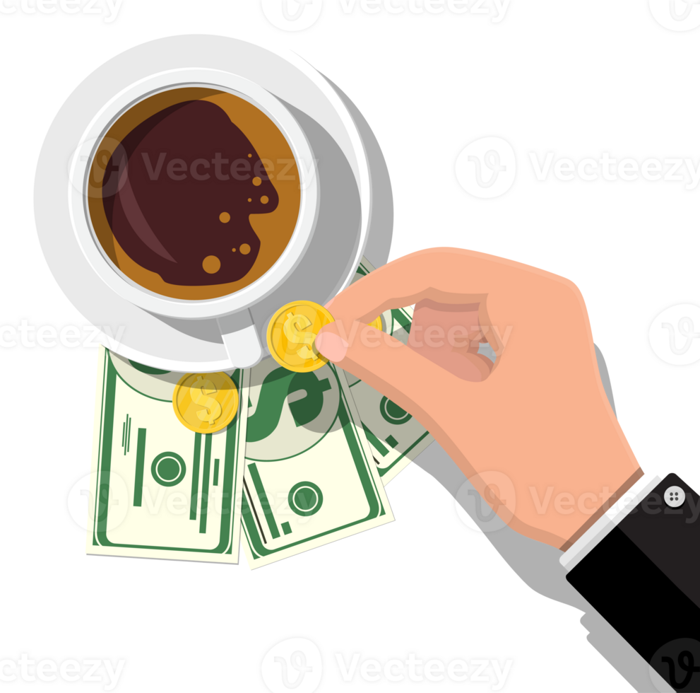 Folder with cash coins, cashier check. Coffee cup png