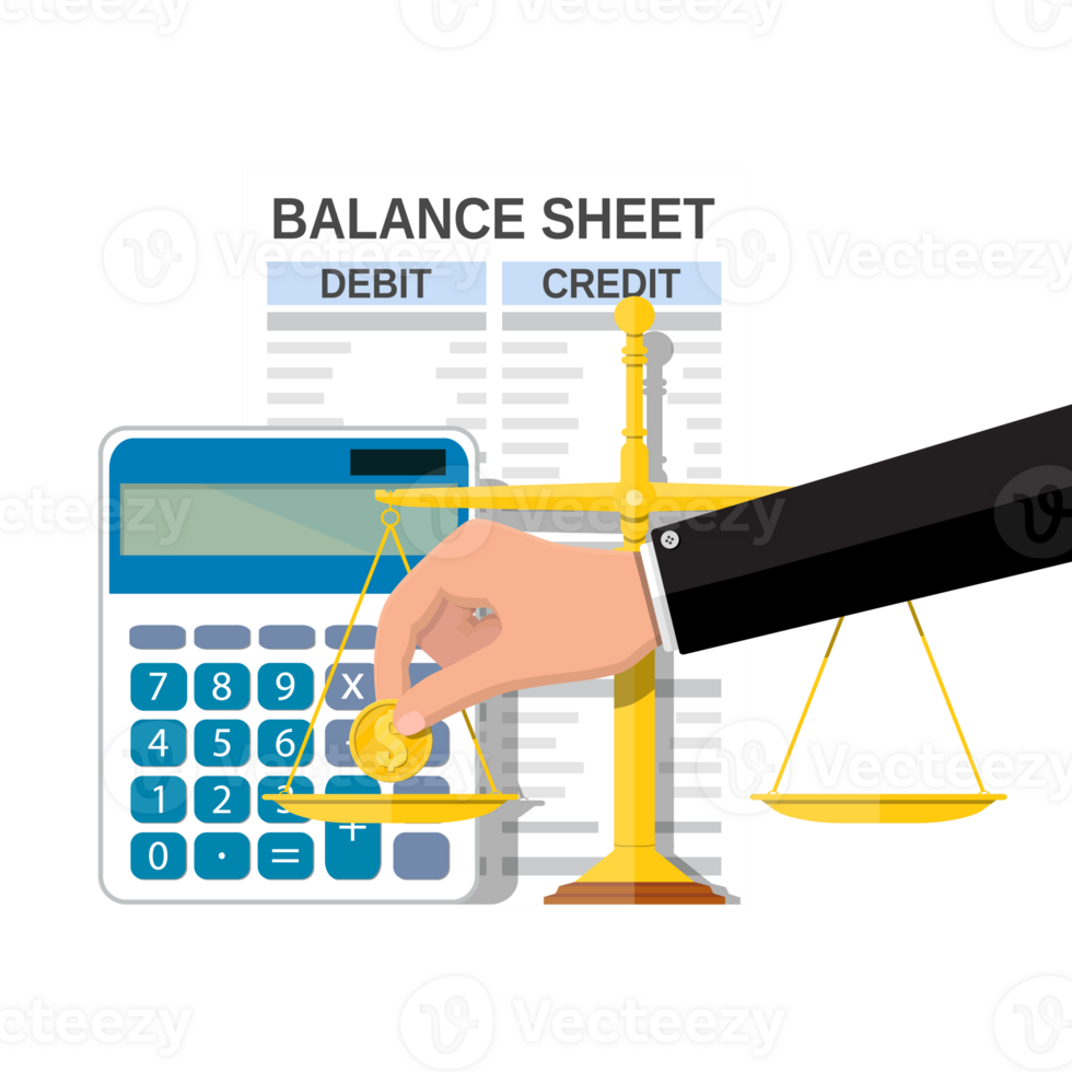 Balance sheet with calculator, scales png