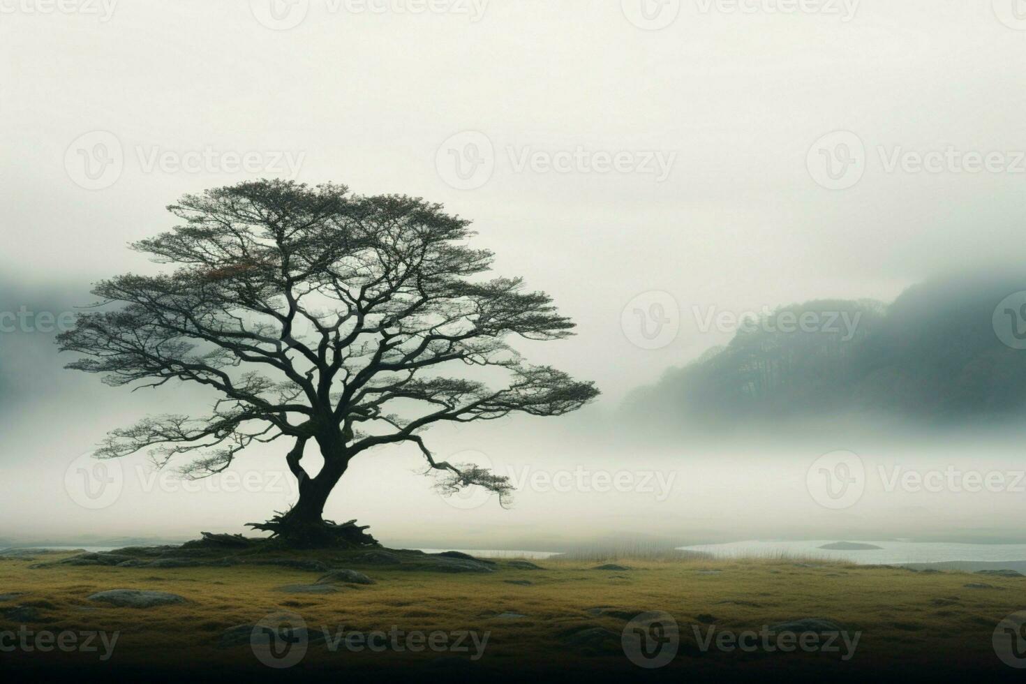 AI generated Majestic isolation a solitary tree emerges from the mist alone photo