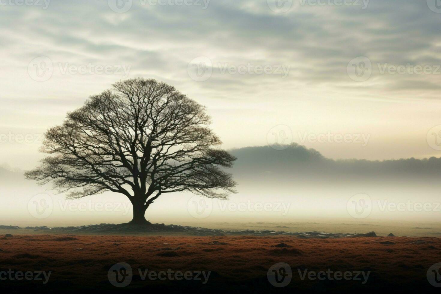 AI generated Lone tree emerges gracefully from the mist in an open field photo